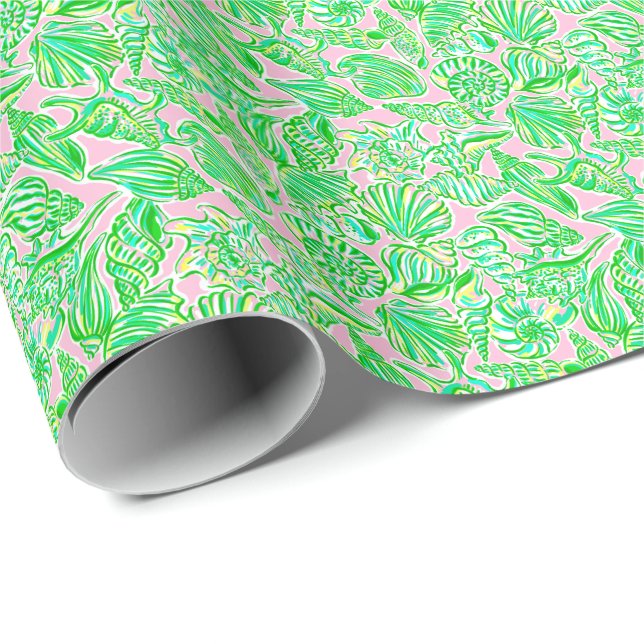 Preppy Palm Beach Print Pink & Green Seashells Geschenkpapier (Rolleneckpunkt)