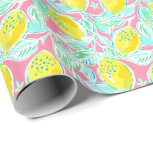 Preppy Palm Beach Print Pink und gelbe Zitronen Geschenkpapier