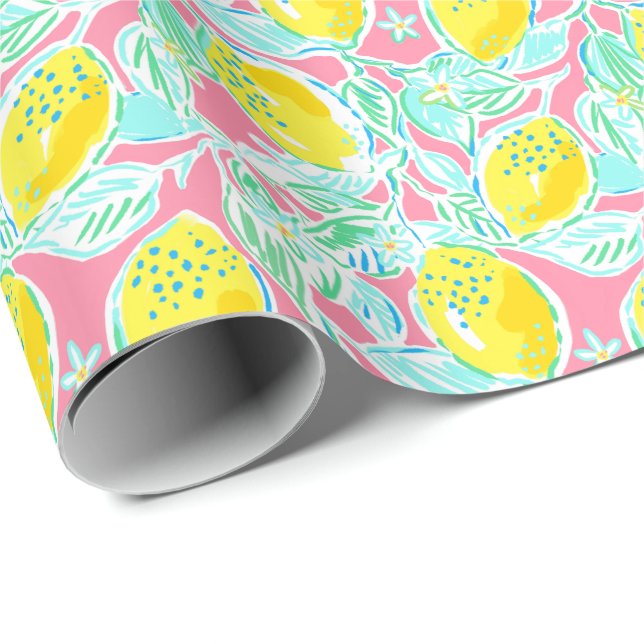 Preppy Palm Beach Print Pink und gelbe Zitronen Geschenkpapier (Rolleneckpunkt)