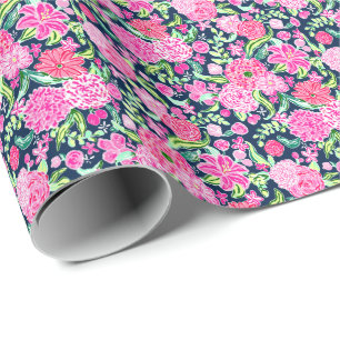 Preppy Palm Beach Print Pink und Green Blume Geschenkpapier