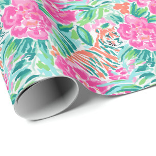 Preppy Palm Beach Print Pink und Green Tigers Geschenkpapier