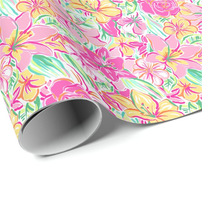 Preppy Palm Beach Print Pink & Yellow Lilie Blume Geschenkpapier (Rolleneckpunkt)