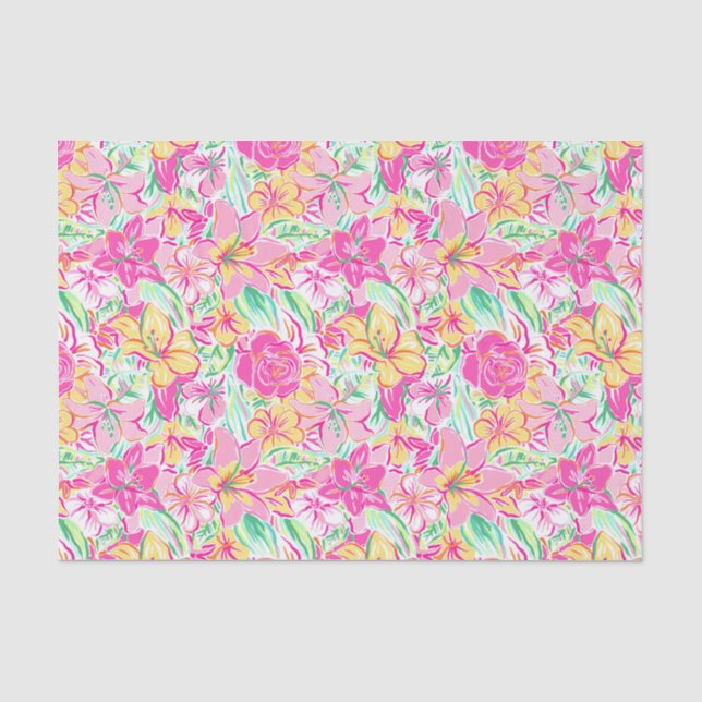 Preppy Palm Beach Print Pink & Yellow Lilie Blume Seidenpapier (Vorderseite)