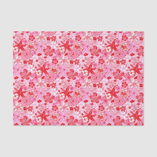 Preppy Palm Beach Print Rosa und Rote Blume Seidenpapier (Vorderseite)