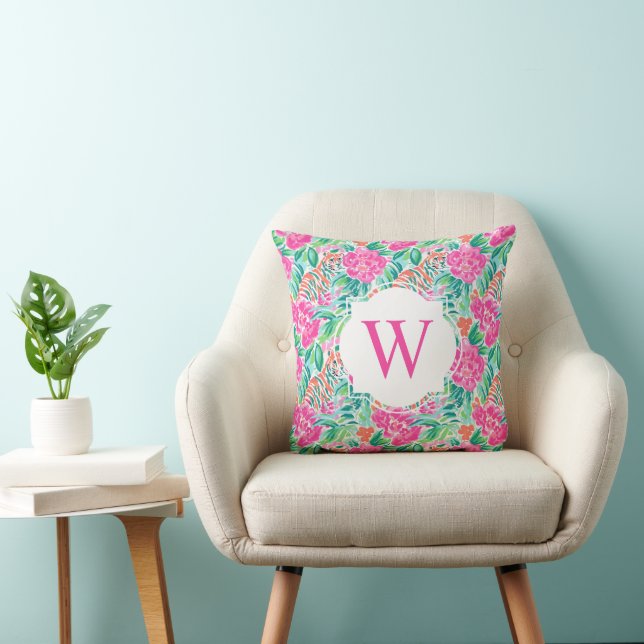 Preppy Palm Beach Print Tiger Blume Monogram Kissen (Stuhl )