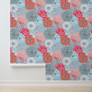 Preppy Palm Beach Red Orange und Blue Flowers Tapete