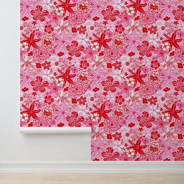 Preppy Palm Beach Rosa und Rote Blume Tapete (Anwendung)
