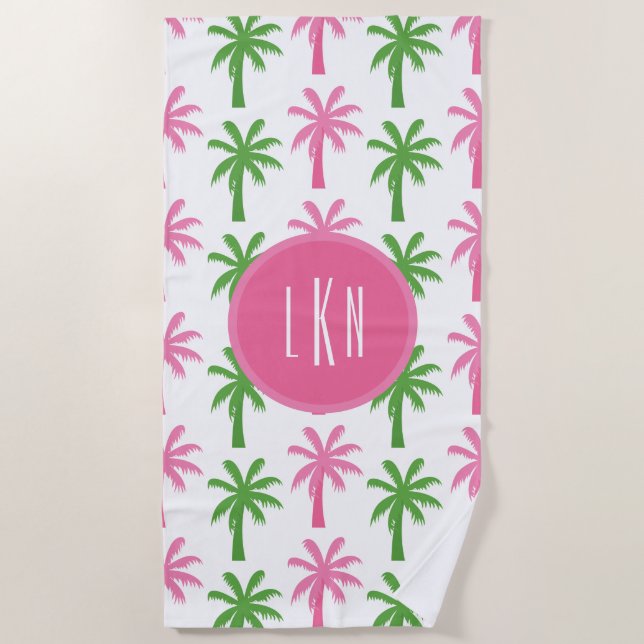 Preppy Palm Trees Mit Monogramm Beach Handtuch (Vorderseite)