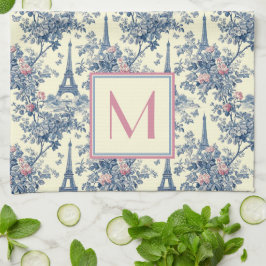 Preppy Paris Toile Pink und Blue Monogram Geschirrtuch