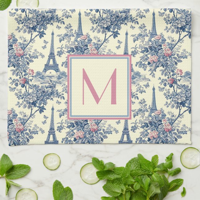Preppy Paris Toile Pink und Blue Monogram Geschirrtuch (Gefaltet)