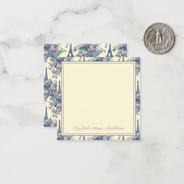 Preppy Paris Toile Rosa und Blau Personalisiert Mitteilungskarte (Vorderseite/Rückseite Beispiel)