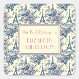 Preppy Parisian Toile Eiffel Tower Buchzeichen Quadratischer Aufkleber