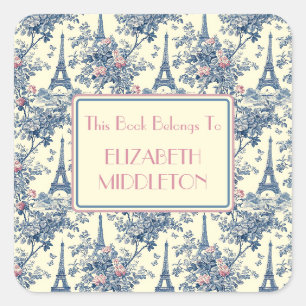Preppy Parisian Toile Eiffel Tower Buchzeichen Quadratischer Aufkleber