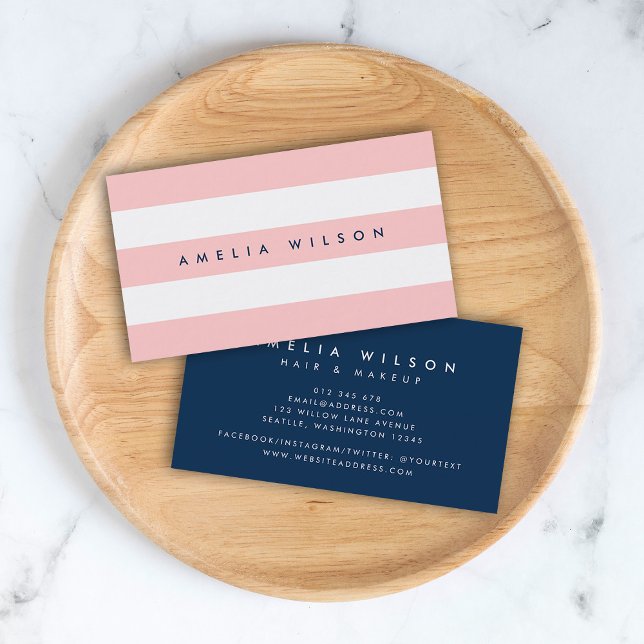 Preppy Pastel Coral Pink und White Stripes Blue Visitenkarte (Von Creator hochgeladen)