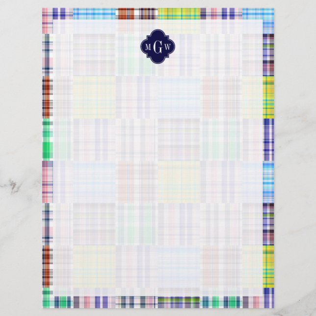 Preppy Patchwork Madras Navy Quatrefoil Monogram (Vorderseite)