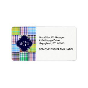 Preppy Patchwork Madras Navy Quatrefoil Monogram Adressaufkleber