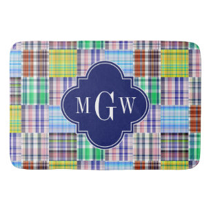 Preppy Patchwork Madras Navy Quatrefoil Monogram Badematte