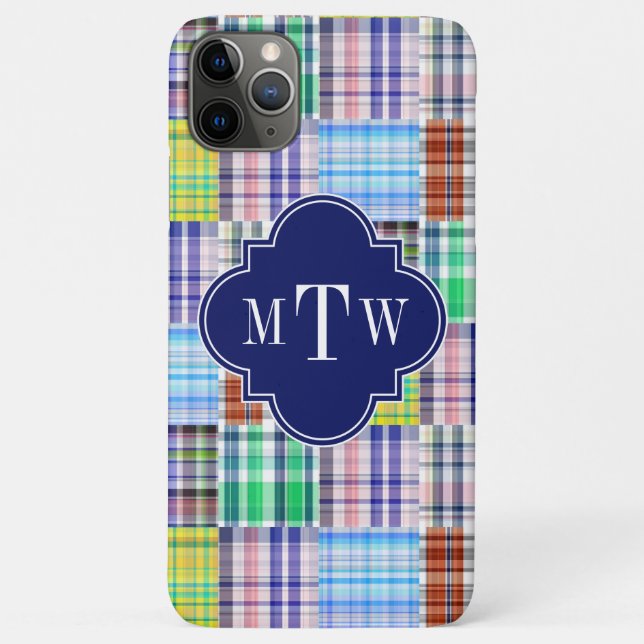 Preppy Patchwork Madras Navy Quatrefoil Monogram Case-Mate iPhone Hülle (Rückseite)