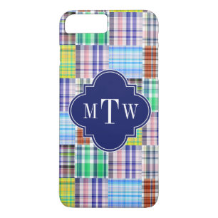 Preppy Patchwork Madras Navy Quatrefoil Monogram title_seo2