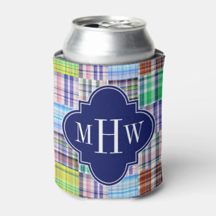 Preppy Patchwork Madras Navy Quatrefoil Monogram Dosenkühler