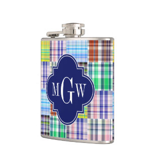 Preppy Patchwork Madras Navy Quatrefoil Monogram Flachmann