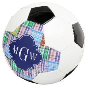 Preppy Patchwork Madras Navy Quatrefoil Monogram Fußball