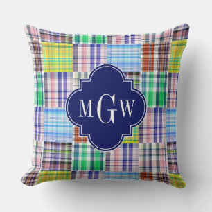 Preppy Patchwork Madras Navy Quatrefoil Monogram Kissen