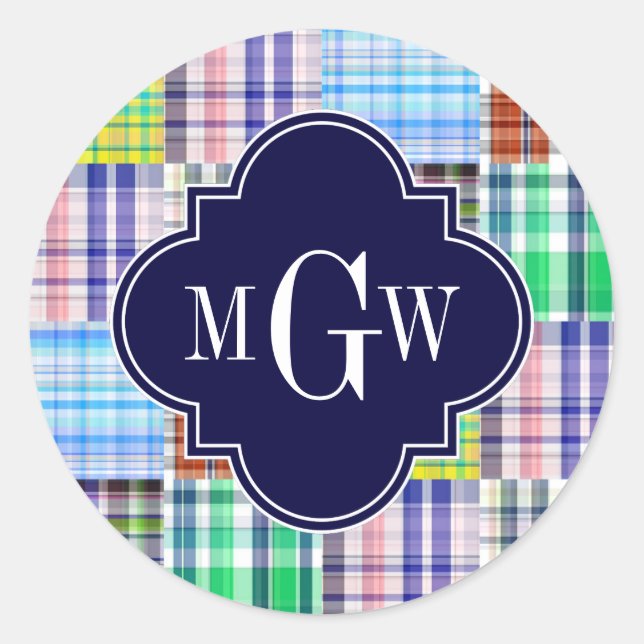 Preppy Patchwork Madras Navy Quatrefoil Monogram Runder Aufkleber (Vorderseite)