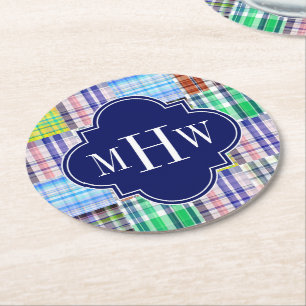 Preppy Patchwork Madras Navy Quatrefoil Monogram Runder Pappuntersetzer
