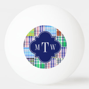 Preppy Patchwork Madras Navy Quatrefoil Monogram Tischtennisball