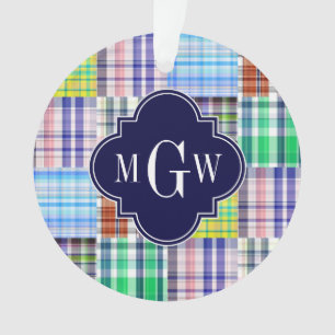 Preppy Patchwork Madras Navy Quatrefoil Monogramme