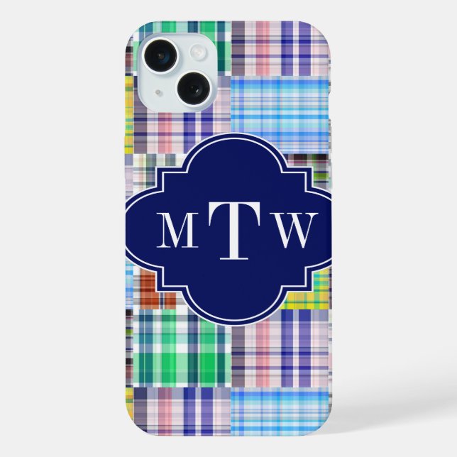 Preppy-Patchwork-Madras-Navy-Vierblatt-Monogramm iPhone Hülle (Rückseite)