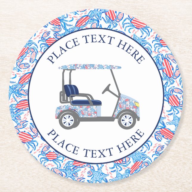 Preppy Patriotic Crabs Golf Cart Runder Pappuntersetzer (Vorderseite)