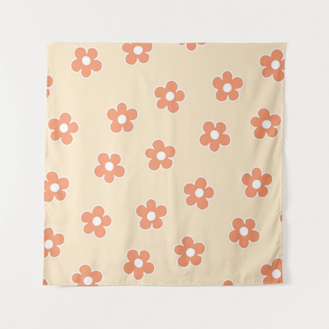 Preppy Peach White Hippie Blume Muster Wandteppich (Vorderseite)