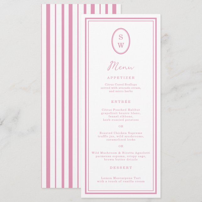 Preppy Peony Pink Chic Monogram Wedding Menu Card Einladung (Vorne/Hinten)