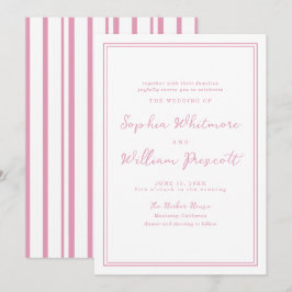 Preppy Peony Pink Striped Wedding Invitation