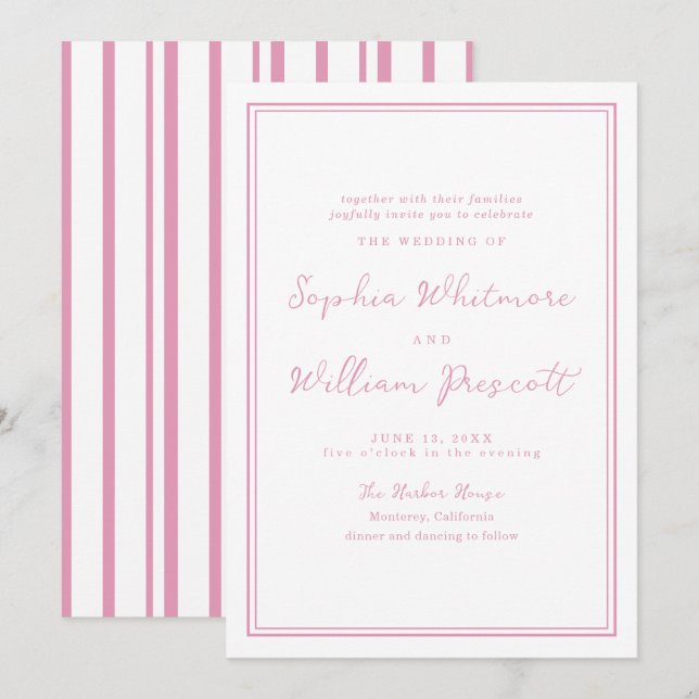 Preppy Peony Pink Striped Wedding Invitation (Devant / Derrière)