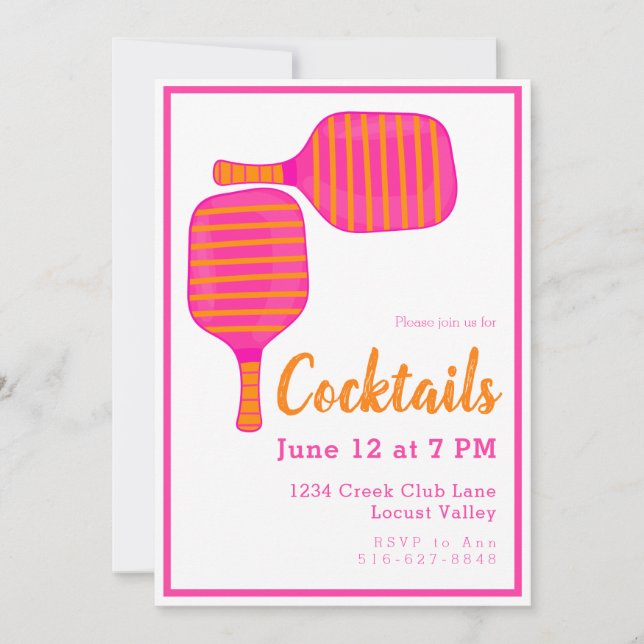 Preppy Pickleball Cocktail Party Rosa Orange Einladung (Vorderseite)