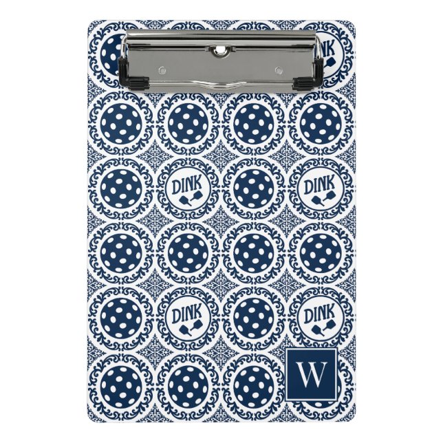 Preppy Pickleball Damask – Navy Dink Motif   Mini Klemmbrett (Vorderseite)