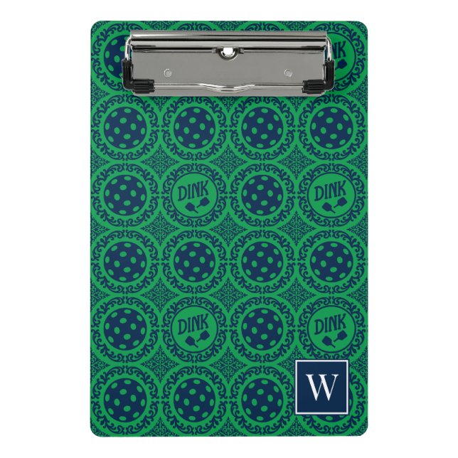 Preppy Pickleball Damask – Navy & Green Dink  Mini Klemmbrett (Vorderseite)