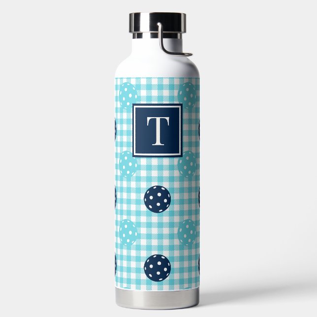 Preppy-Pickleball-Gingham - Navy und Türkis Trinkflasche (links)