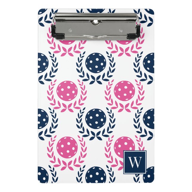 Preppy Pickleball Laurel Wreath - Navy & Hot Pink Mini Klemmbrett (Vorderseite)