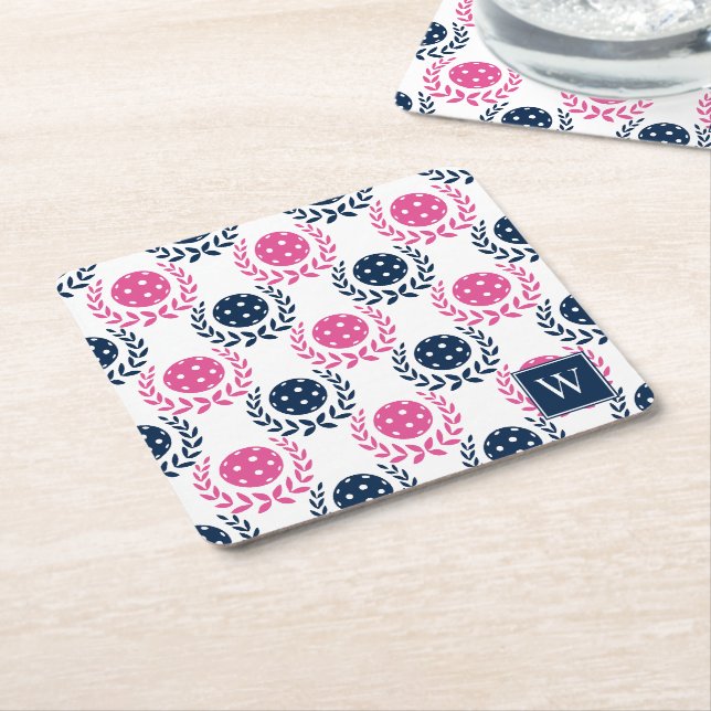 Preppy Pickleball Laurel Wreath –Navy & Hot Pink Rechteckiger Pappuntersetzer (angewinkelt)