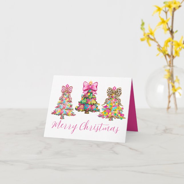 Preppy Pink and Green Christmas Trees Karte (Gelbe Blume)