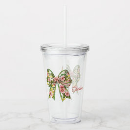 Preppy Pink and Green Floral Bow Personalized Acryltrinkbecher
