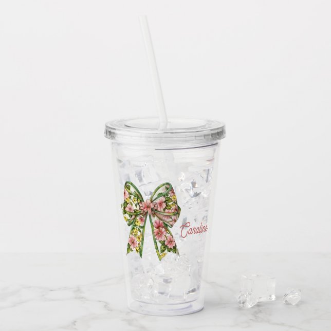 Preppy Pink and Green Floral Bow Personalized Acryltrinkbecher (Vorderseite Ice)