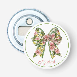 Preppy Pink and Green Floral Bow Personalized Flaschenöffner