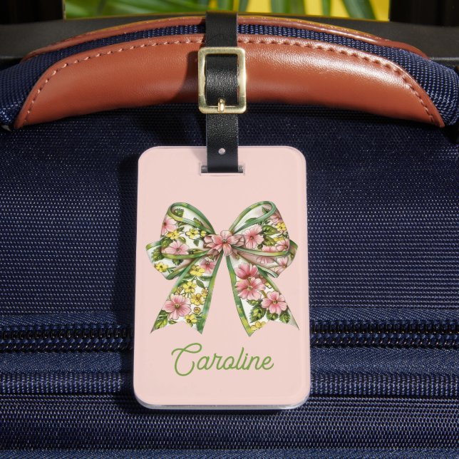 Preppy Pink and Green Floral Bow Personalized Gepäckanhänger (Vorderseite Insitu 2)