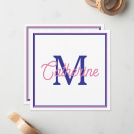 Preppy Pink and Navy Blue Simple Monogram Mitteilungskarte