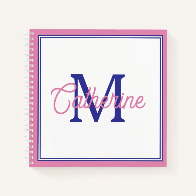 Preppy Pink and Navy Blue Simple Monogram Notizbuch (Vorderseite)